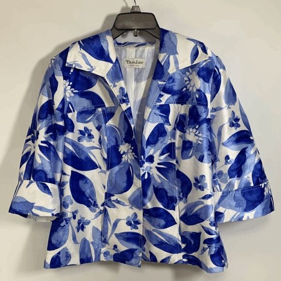TanJay Womens Floral 3/4 Sleeve Open Front Cropped Jacket Blue White - Picture 1 of 10